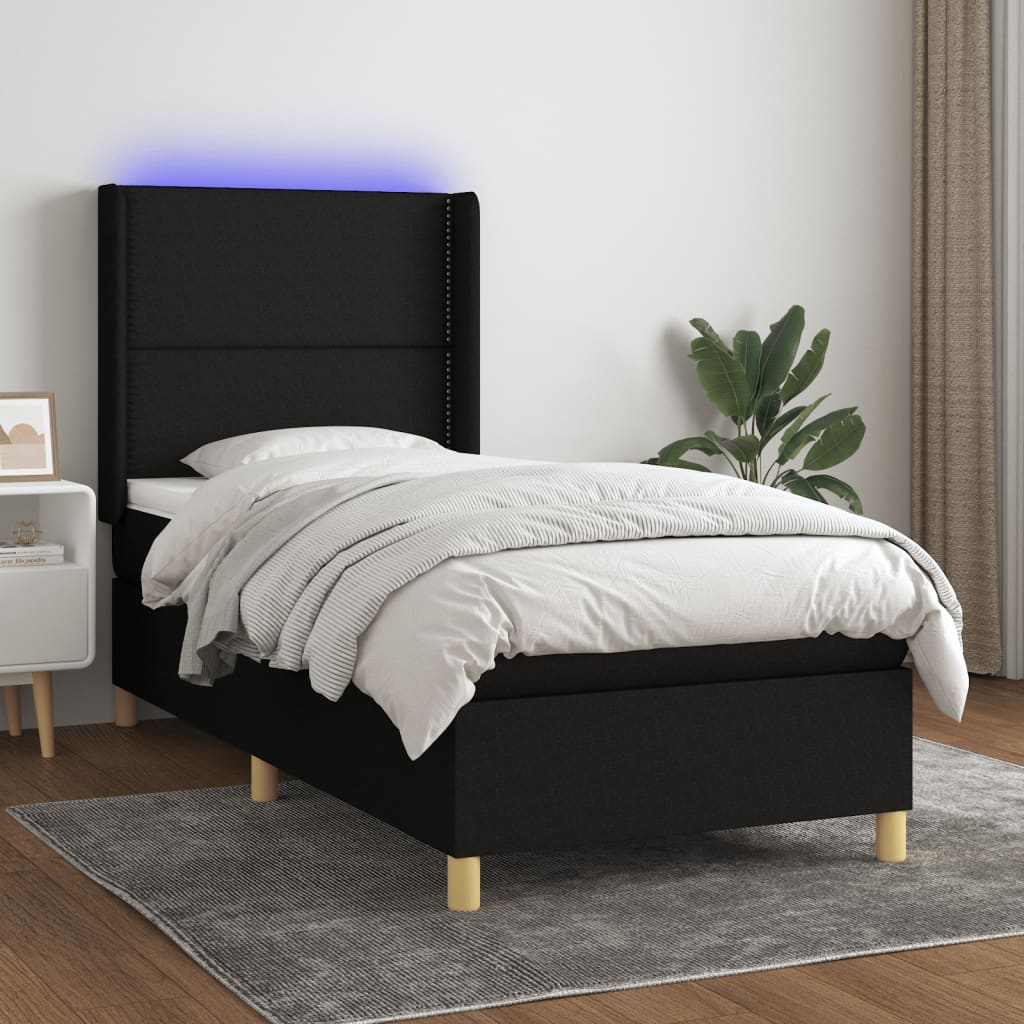 Letto a Molle con Materasso e LED Nero 90x200 cm in Tessuto - homemem39