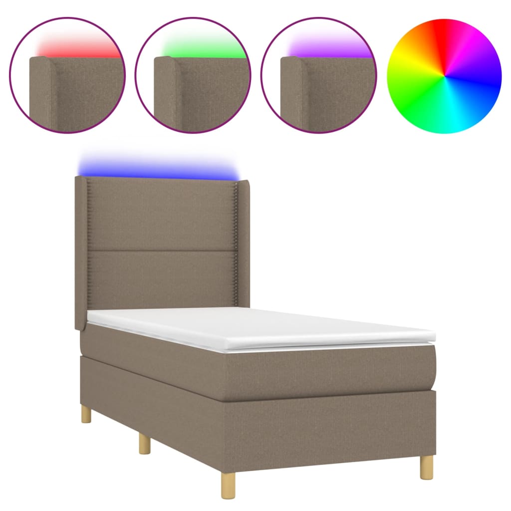 Letto a Molle con Materasso e LED Tortora 100x200cm in Tessuto | homemem39