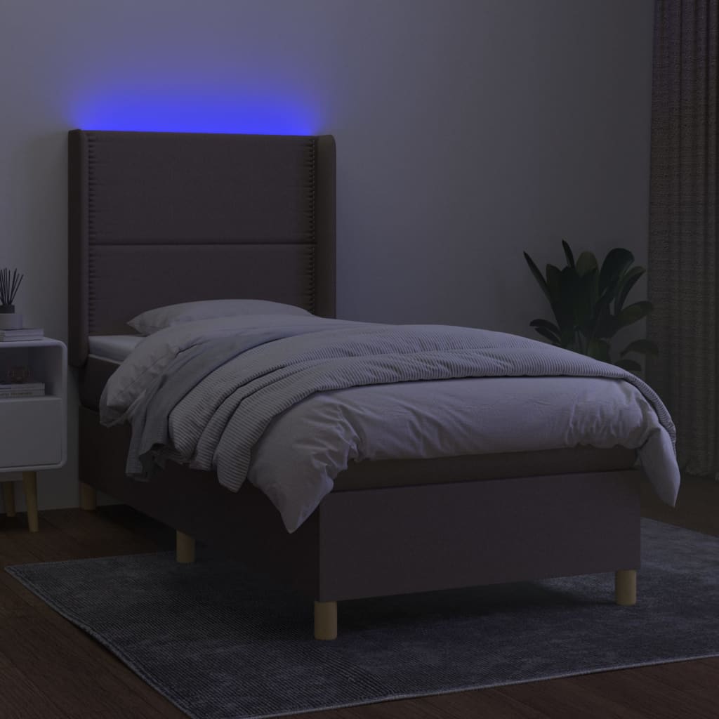 Letto a Molle con Materasso e LED Tortora 100x200cm in Tessuto | homemem39