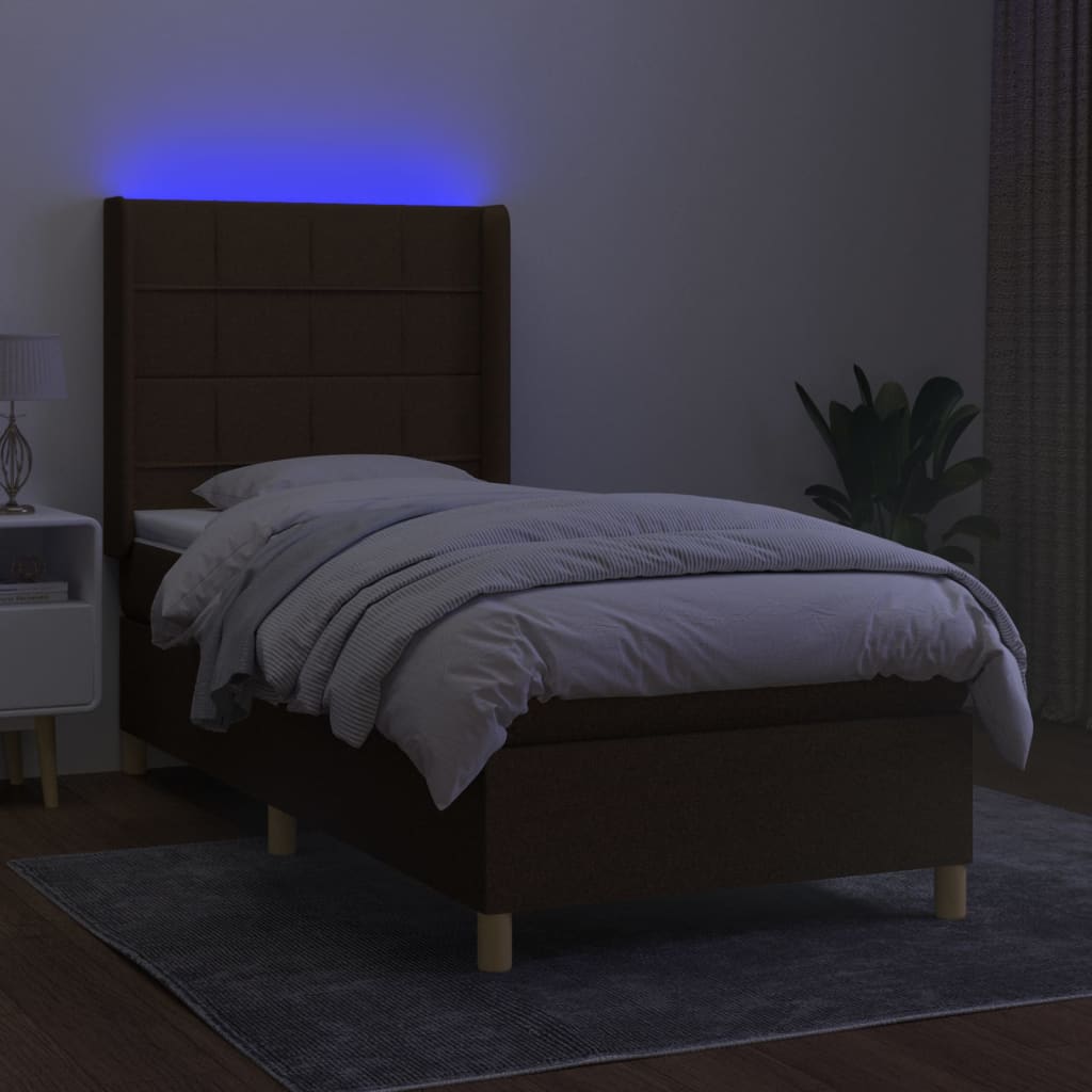 Letto a Molle Materasso e LED Marrone Scuro 90x190cm in Tessuto | homemem39