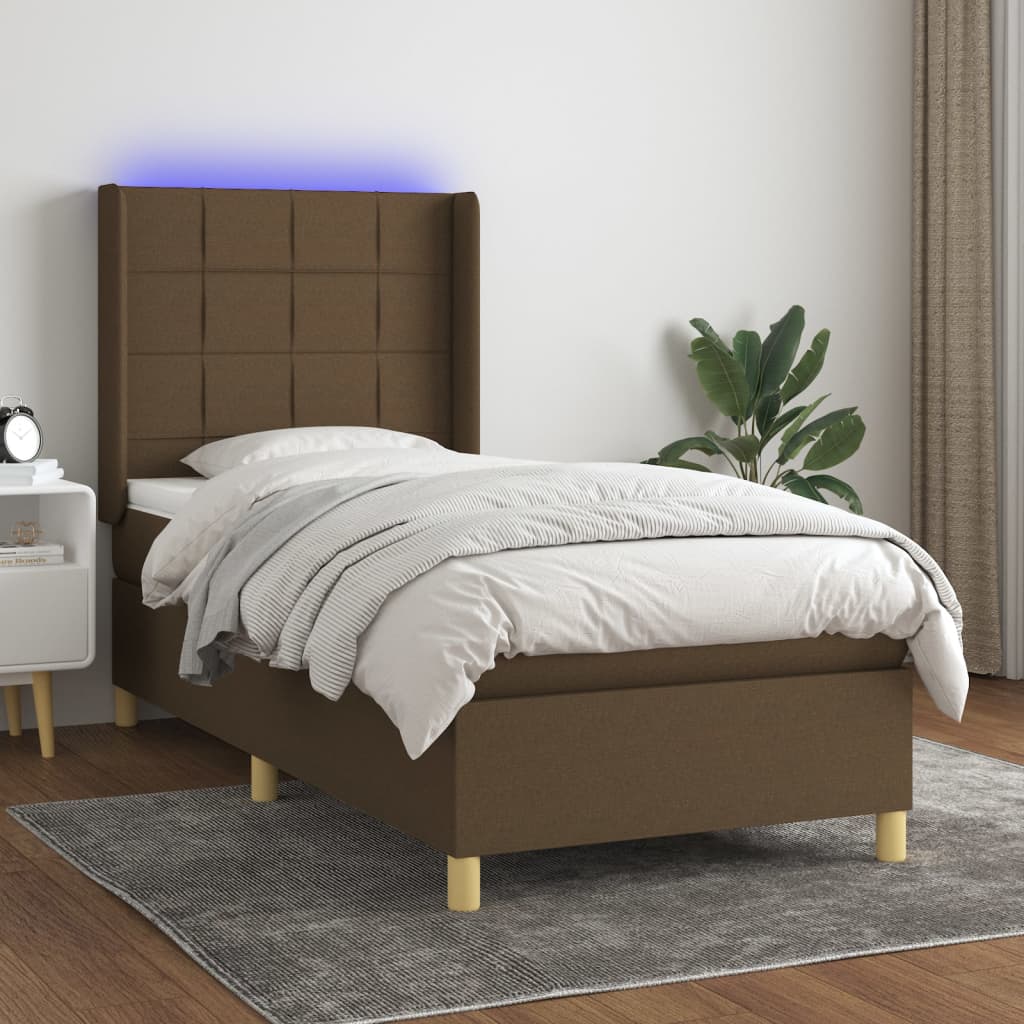 Letto a Molle Materasso e LED Marrone Scuro 90x190cm in Tessuto | homemem39