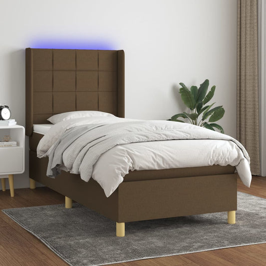 Letto a Molle Materasso e LED Marrone Scuro 90x190cm in Tessuto | homemem39