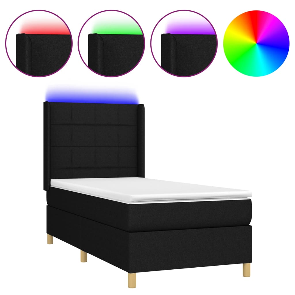 Letto a Molle con Materasso e LED Nero 90x200 cm in Tessuto - homemem39