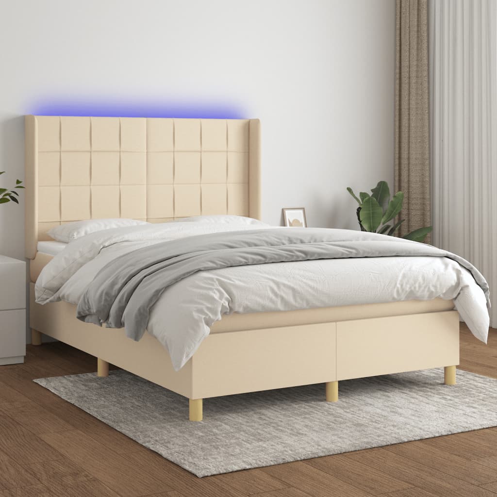 Letto a Molle con Materasso e LED Crema 140x190 cm in Tessuto | homemem39