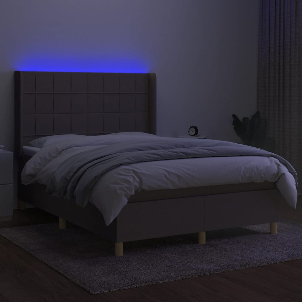 Letto a Molle con Materasso e LED Tortora 140x200 cm in Tessuto | homemem39