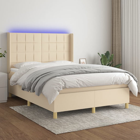Letto a Molle con Materasso e LED Crema 140x200 cm in Tessuto - homemem39