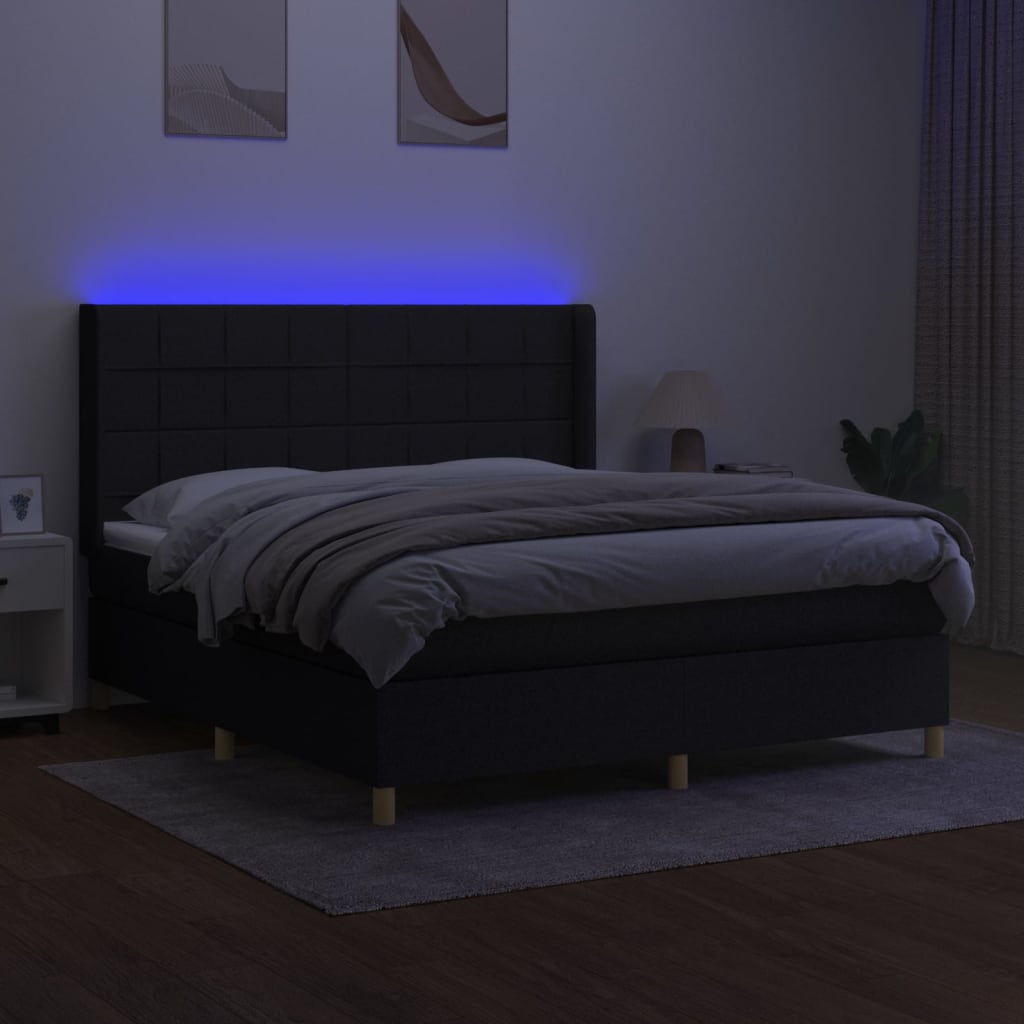 Letto a Molle con Materasso e LED Nero 160x200 cm in Tessuto | homemem39