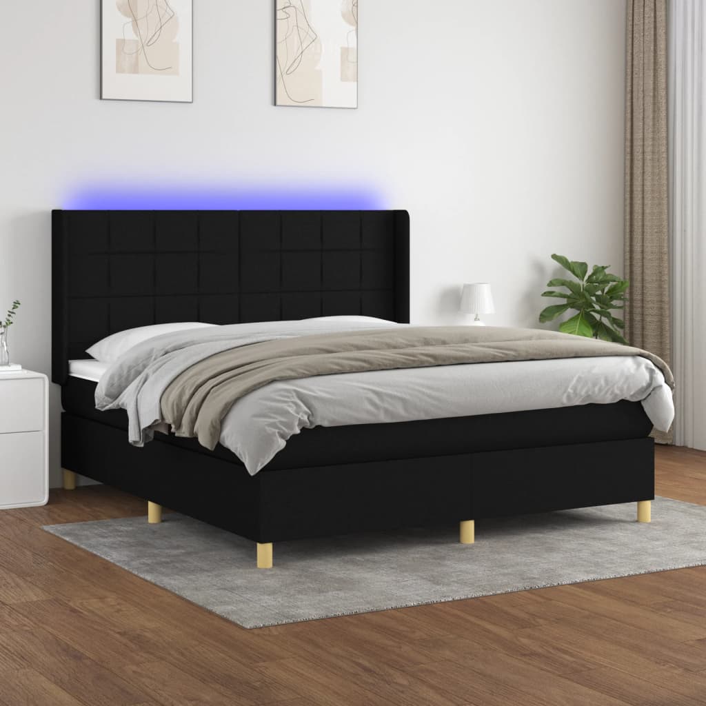 Letto a Molle con Materasso e LED Nero 160x200 cm in Tessuto | homemem39