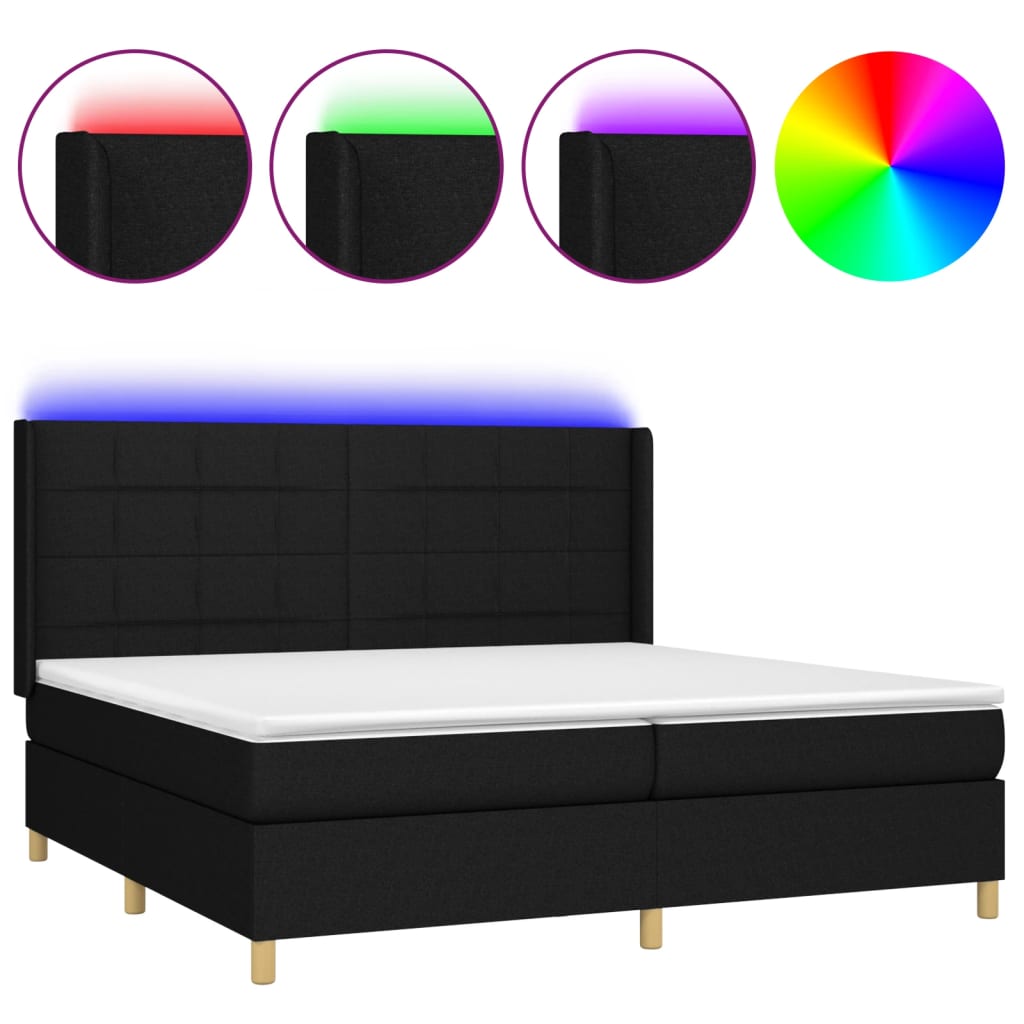 Letto a Molle Materasso e LED Nero 200x200cm in Tessuto - homemem39