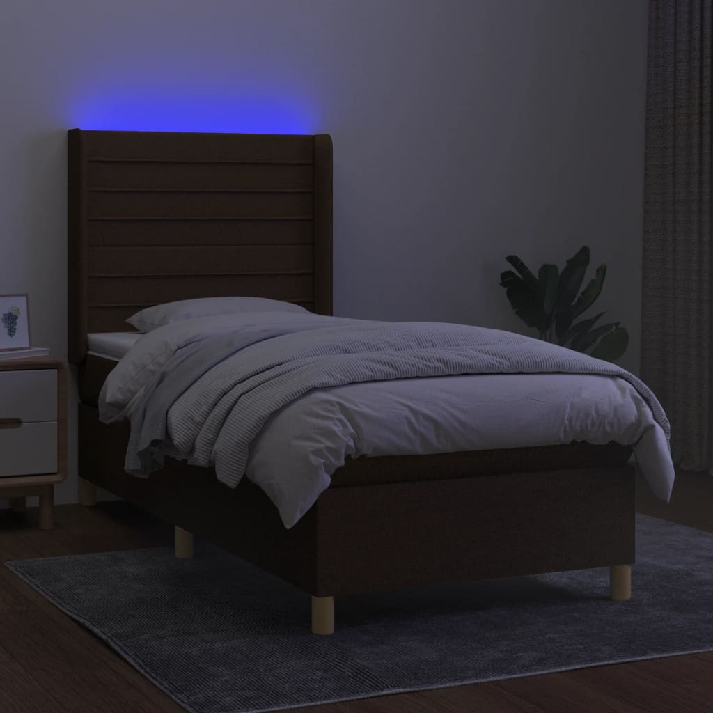 Letto a Molle Materasso e LED Marrone Scuro 80x200cm in Tessuto | homemem39