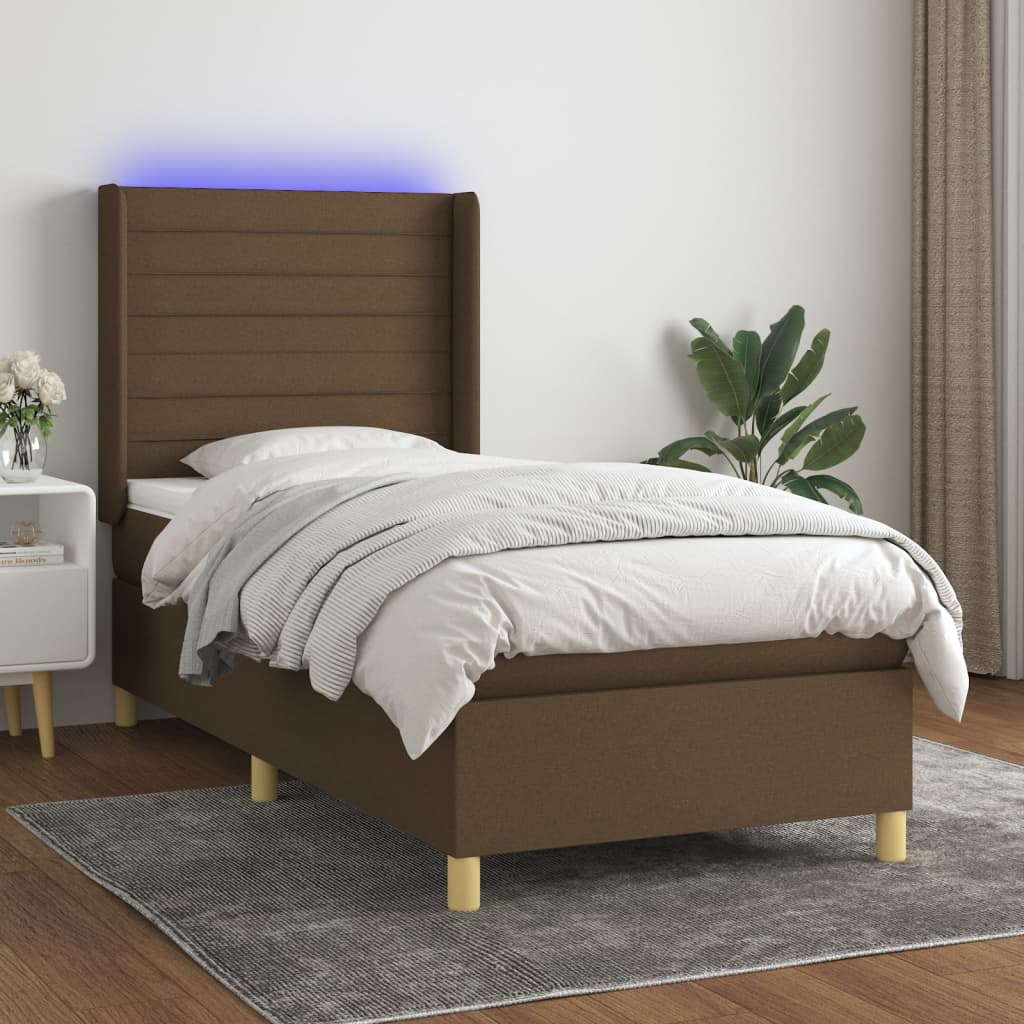 Letto a Molle Materasso e LED Marrone Scuro 80x200cm in Tessuto | homemem39