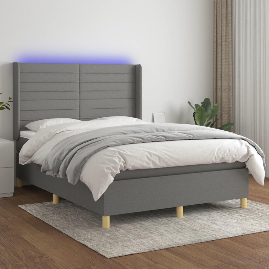 Letto a Molle Materasso e LED Grigio Scuro 140x200cm in Tessuto - homemem39