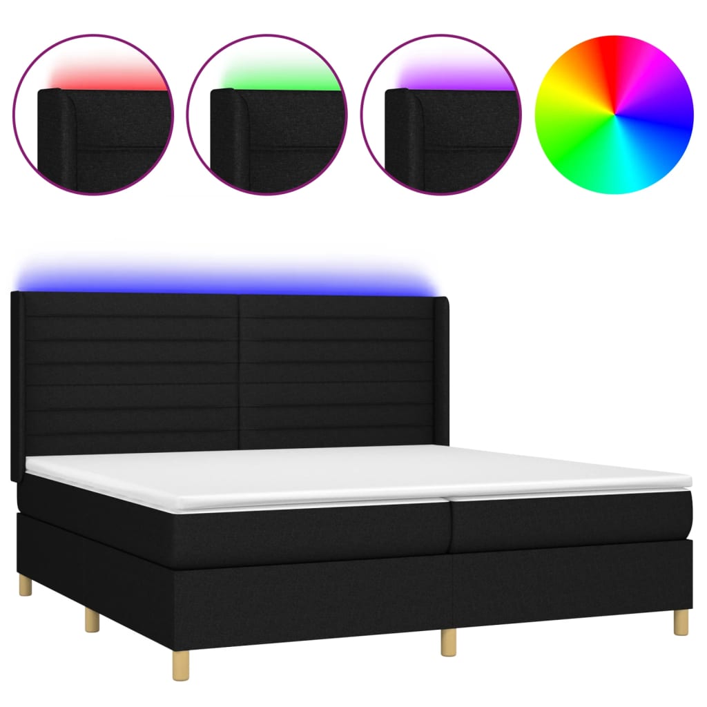 Letto a Molle Materasso e LED Nero 200x200cm in Tessuto - homemem39