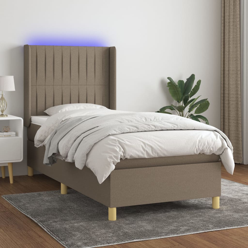 Letto a Molle con Materasso e LED Tortora 90x200 cm in Tessuto - homemem39