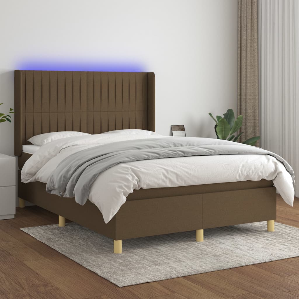 Letto a Molle Materasso e LED MarroneScuro 140x190cm in Tessuto | homemem39