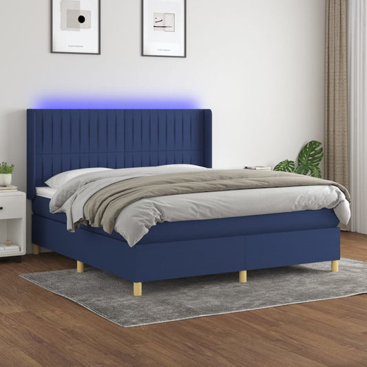 Letto a Molle con Materasso e LED Blu 160x200 cm in Tessuto