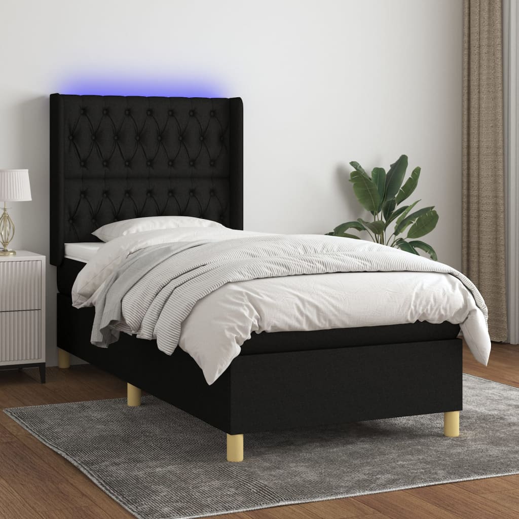 Letto a Molle con Materasso e LED Nero 90x200 cm in Tessuto - homemem39