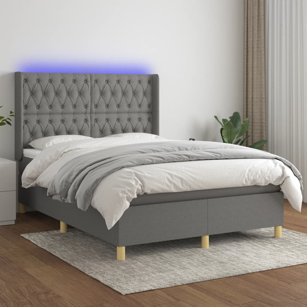 Letto a Molle Materasso e LED Grigio Scuro 140x190cm in Tessuto - homemem39