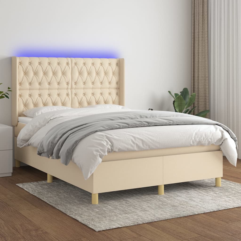 Letto a Molle con Materasso e LED Crema 140x200 cm in Tessuto - homemem39
