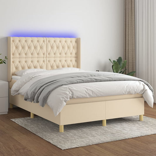 Letto a Molle con Materasso e LED Crema 140x200 cm in Tessuto - homemem39
