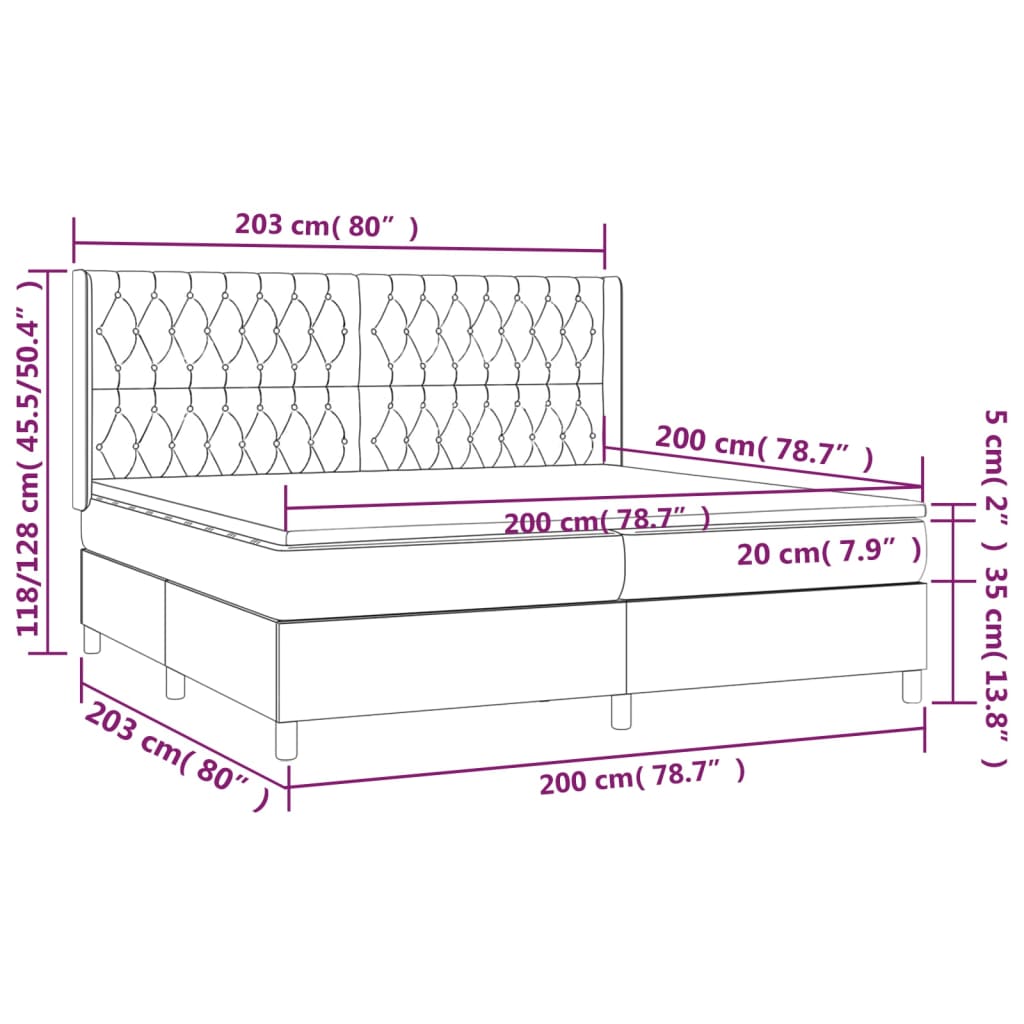 Letto a Molle Materasso e LED tortora 200x200cm in Tessuto
