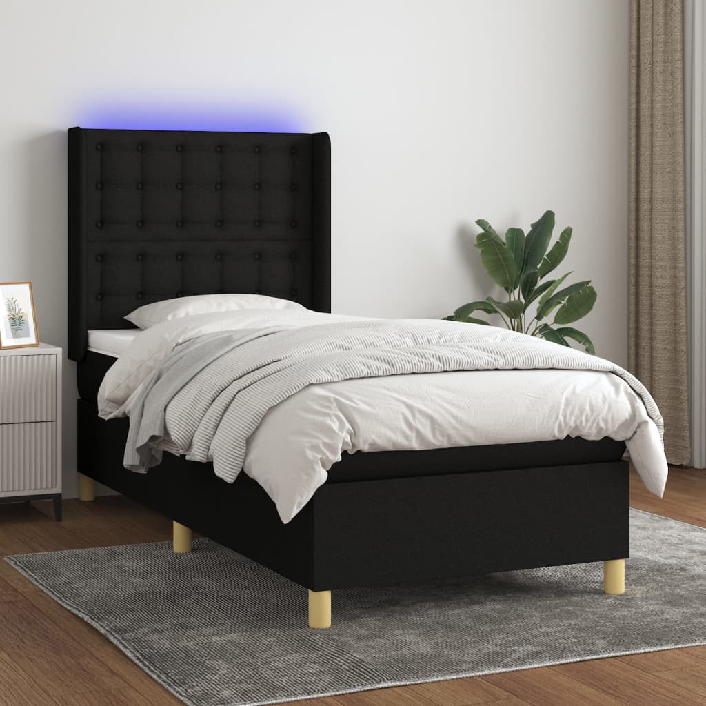Letto a Molle con Materasso e LED Nero 90x200 cm in Tessuto - homemem39