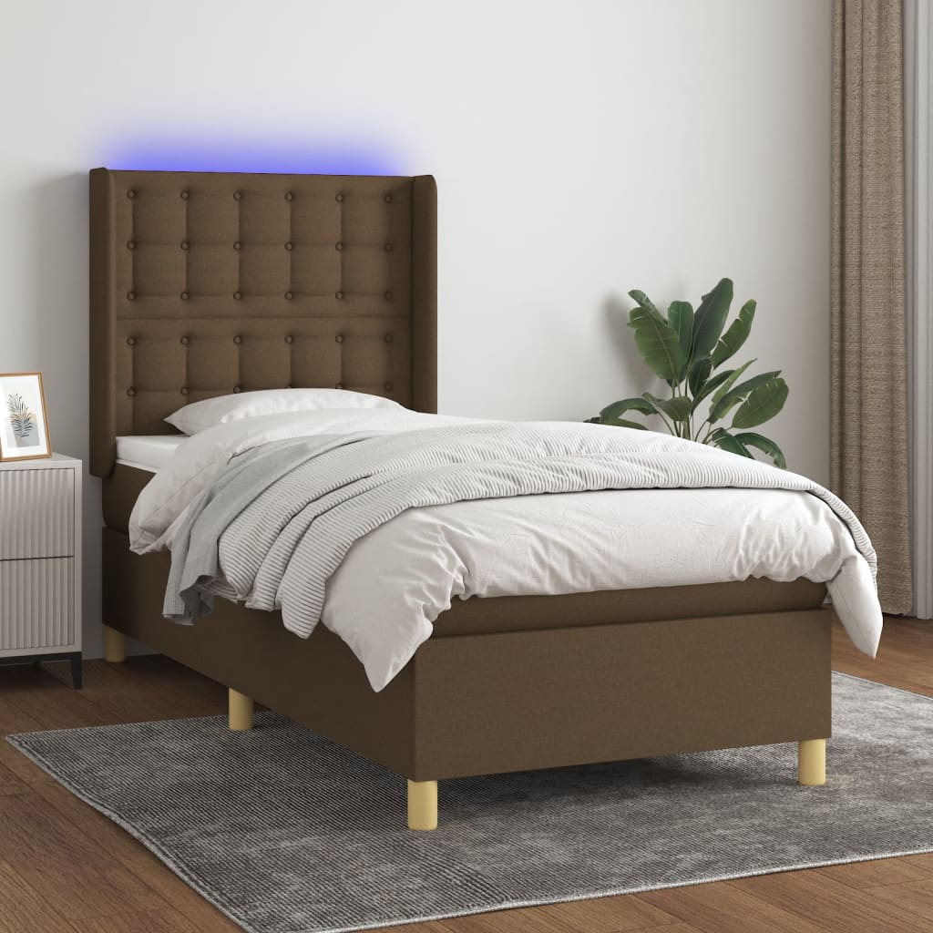 Letto a Molle Materasso e LED Marrone Scuro 100x200 cm Tessuto | homemem39