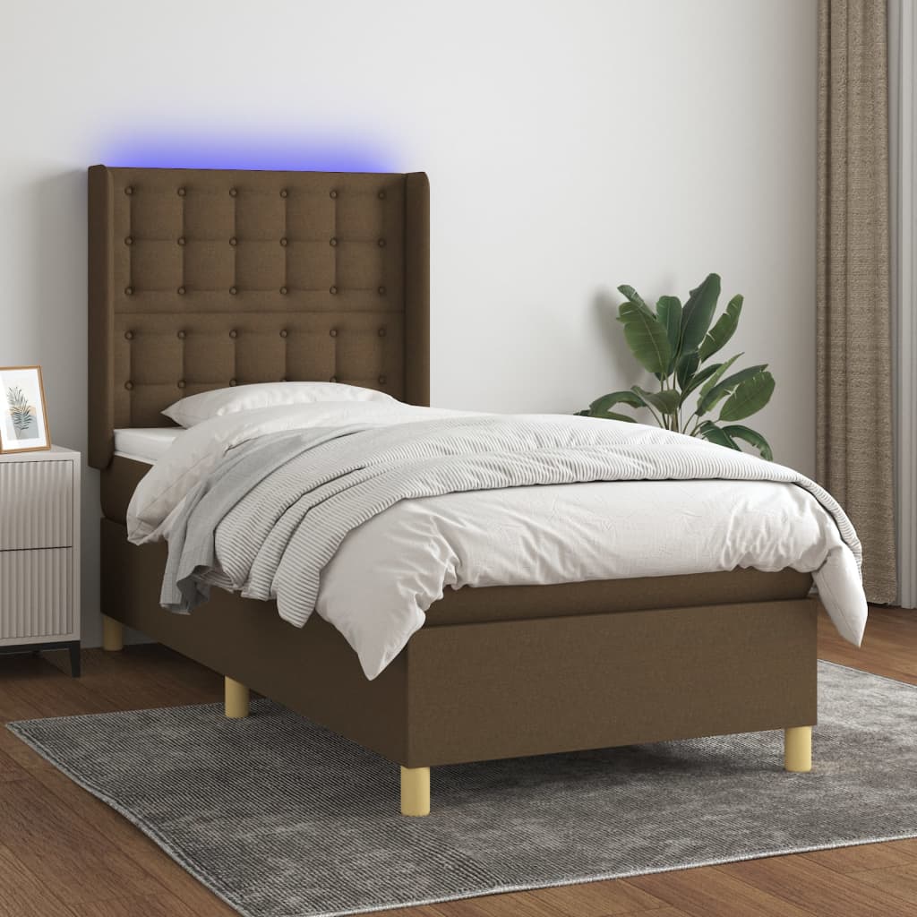 Letto a Molle Materasso e LED Marrone Scuro 100x200 cm Tessuto | homemem39