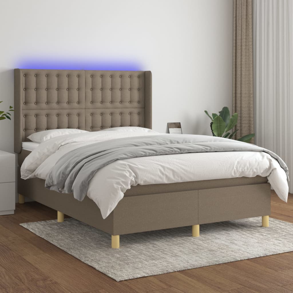 Letto a Molle con Materasso e LED Tortora 140x190 cm in Tessuto - homemem39