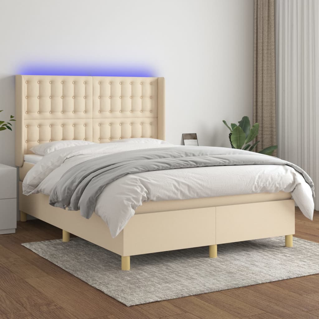 Letto a Molle con Materasso e LED Crema 140x190 cm in Tessuto | homemem39