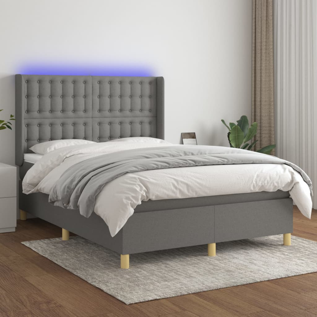 Letto a Molle Materasso e LED Grigio Scuro 140x200cm in Tessuto - homemem39
