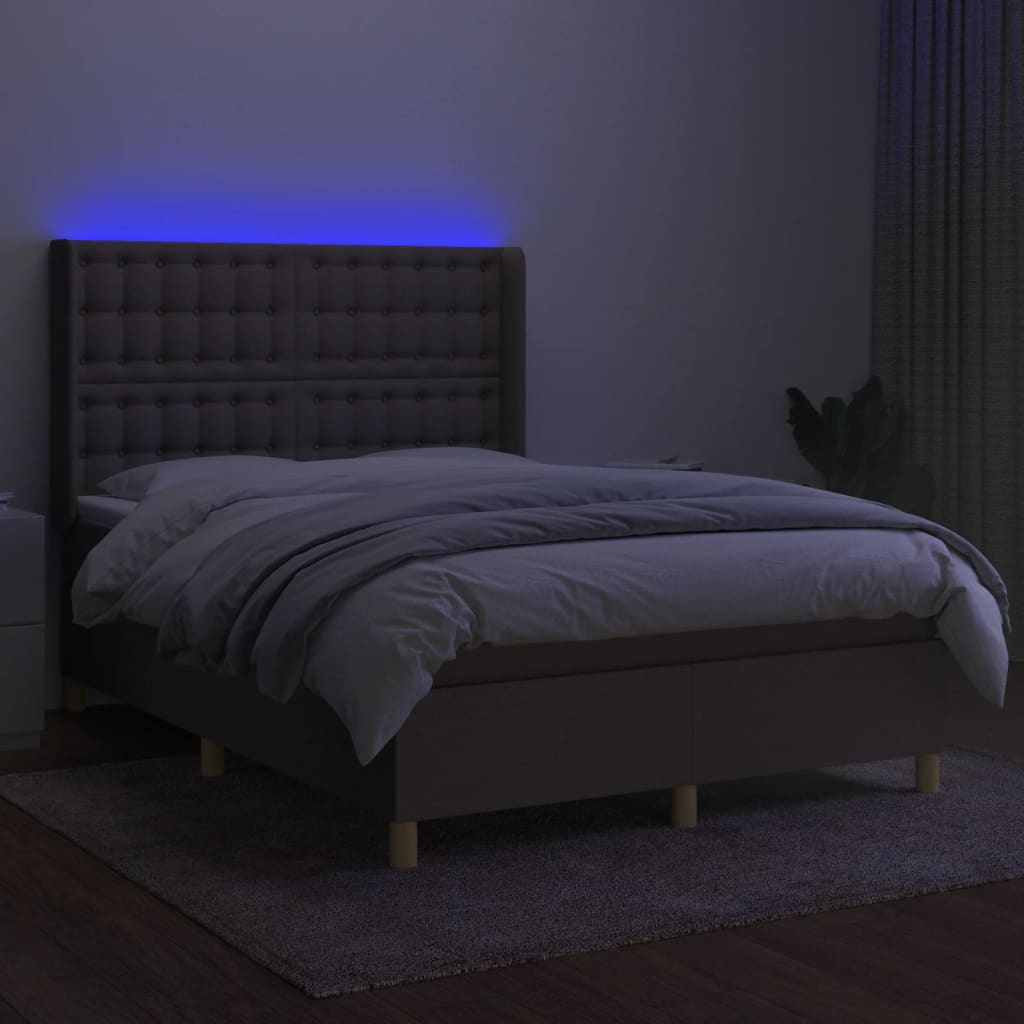 Letto a Molle con Materasso e LED Tortora 140x200 cm in Tessuto | homemem39