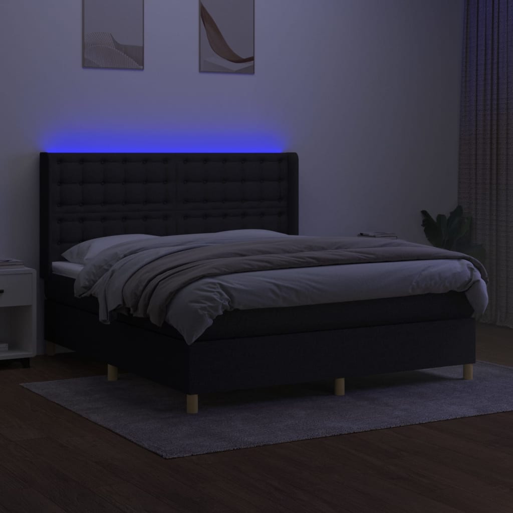 Letto a Molle con Materasso e LED Nero 160x200 cm in Tessuto | homemem39