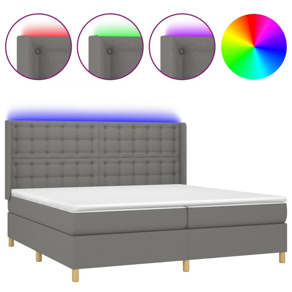 Letto a Molle Materasso e LED Grigio Scuro 200x200cm in Tessuto | homemem39