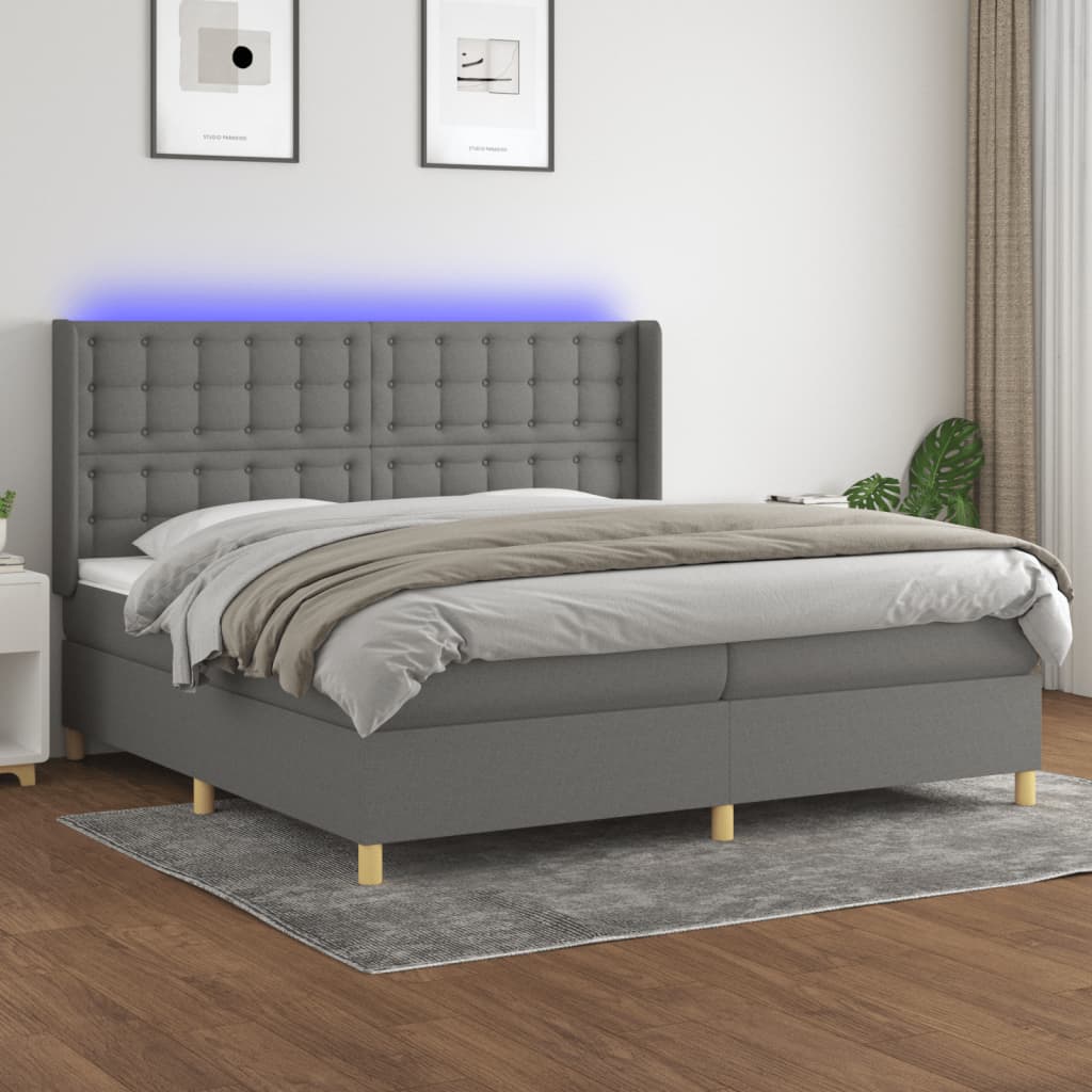 Letto a Molle Materasso e LED Grigio Scuro 200x200cm in Tessuto | homemem39