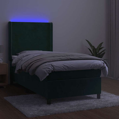 Letto a Molle con Materasso e LED Verde Scuro 90x190 cm Velluto