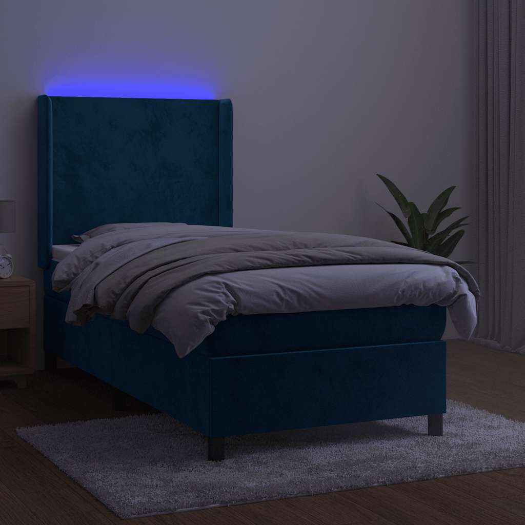 Letto a Molle con Materasso e LED Blu Scuro 90x190cm in Velluto