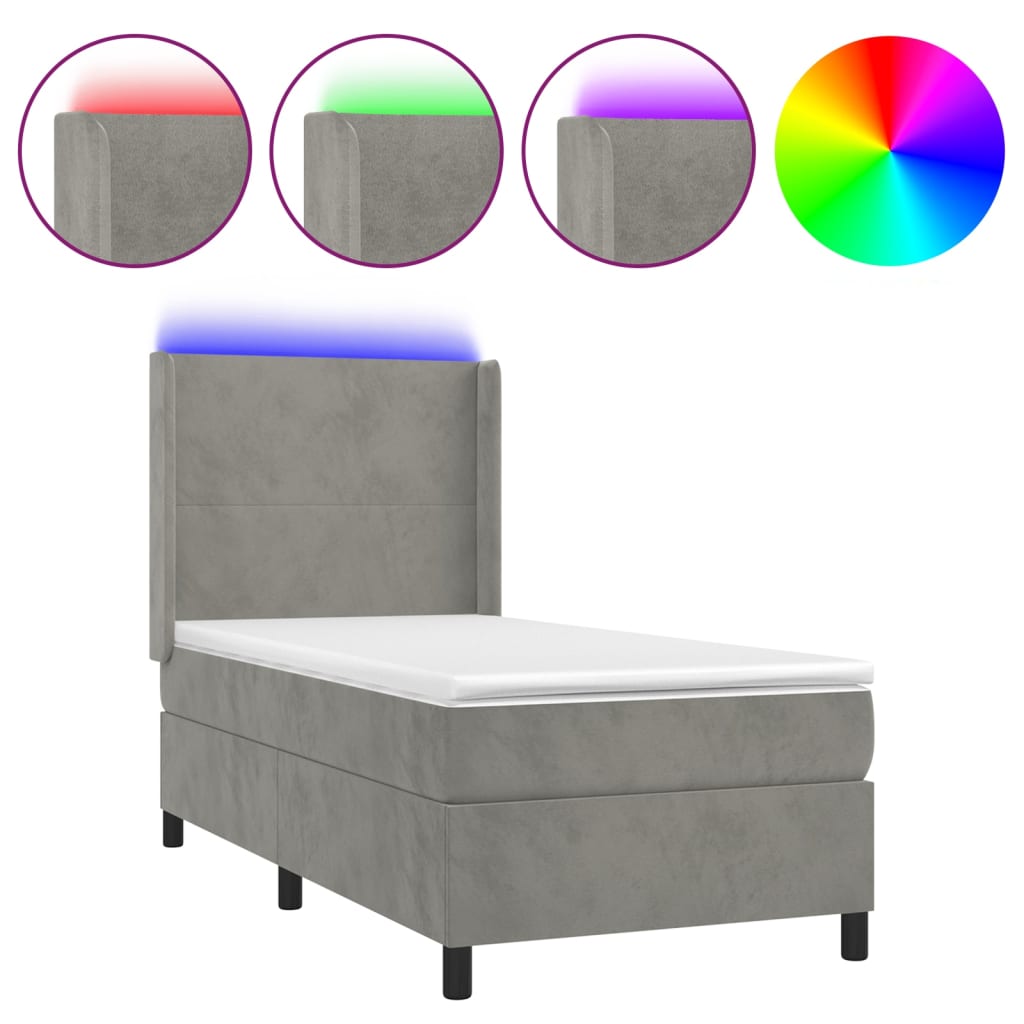 Letto a Molle Materasso e LED Grigio Chiaro 100x200 cm Velluto | homemem39