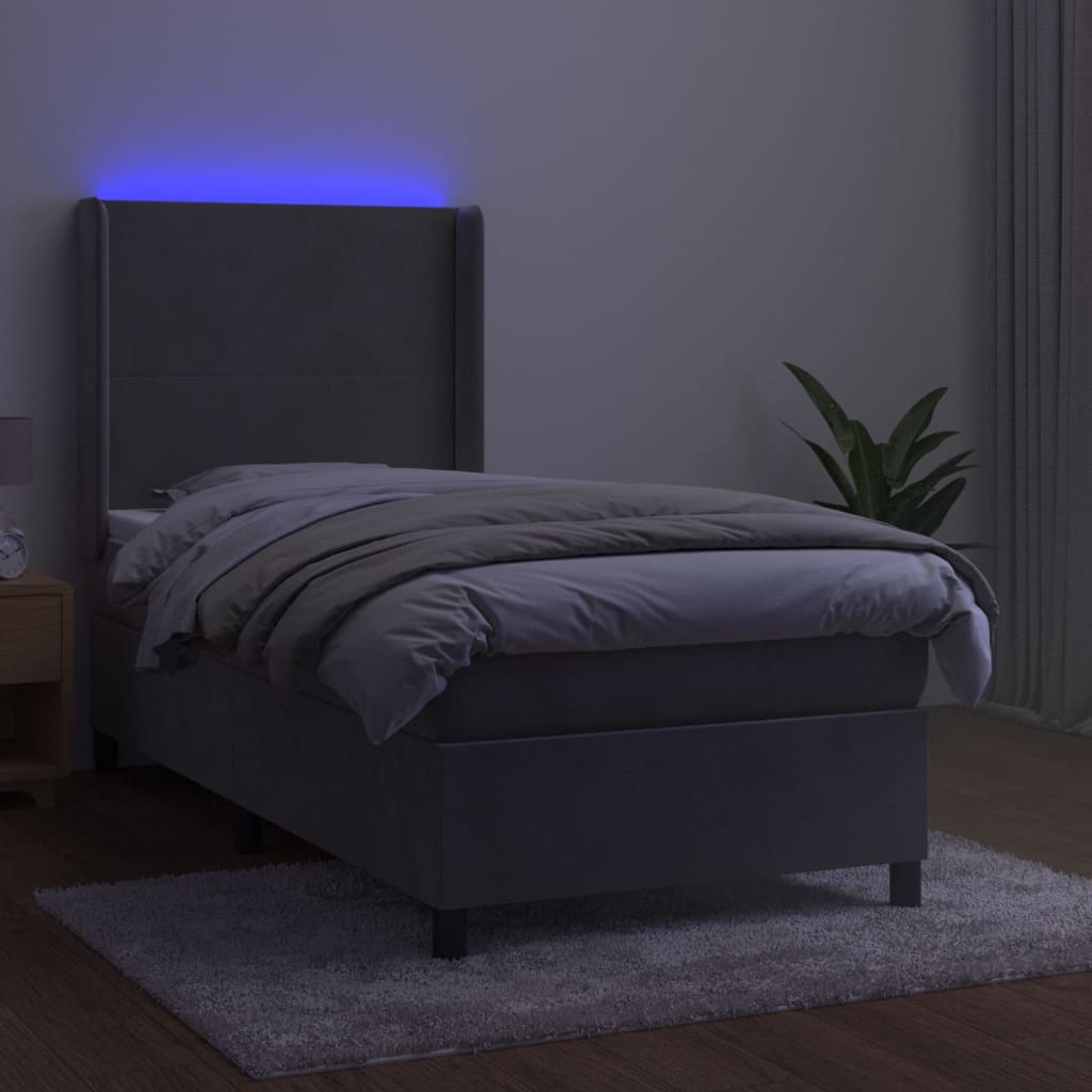 Letto a Molle Materasso e LED Grigio Chiaro 100x200 cm Velluto | homemem39