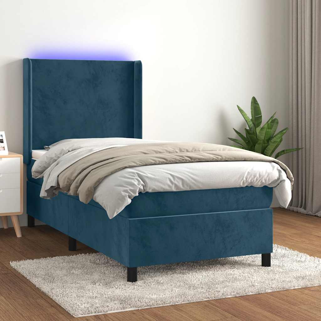 Letto a Molle con Materasso e LED Blu Scuro 100x200 cm