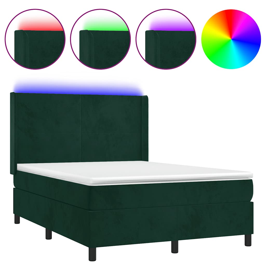 Letto a Molle con Materasso e LED Verde Scuro 140x200cm Velluto