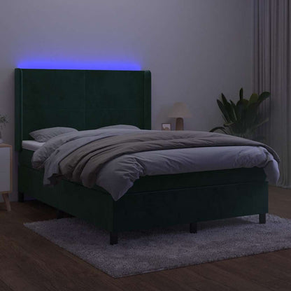 Letto a Molle con Materasso e LED Verde Scuro 140x200cm Velluto