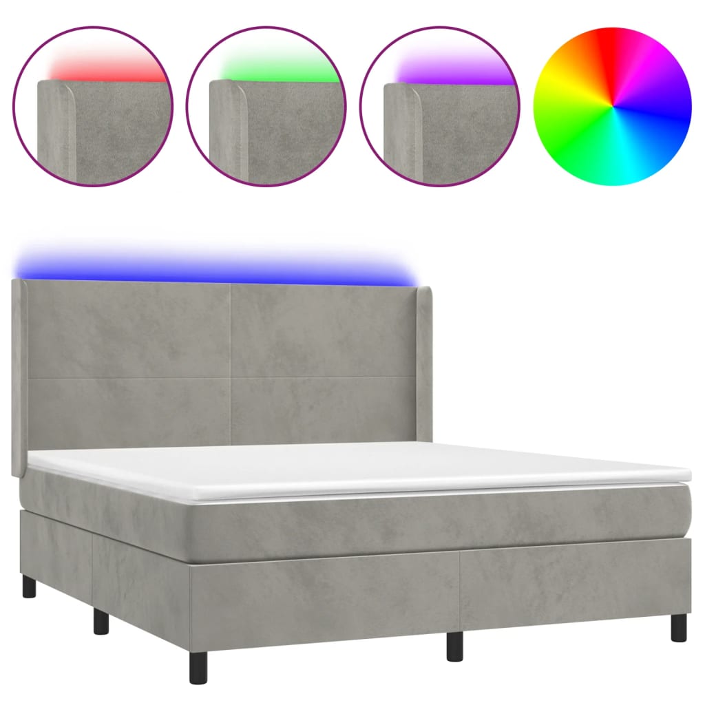 Letto a Molle Materasso e LED Grigio Chiaro 160x200 cm Velluto