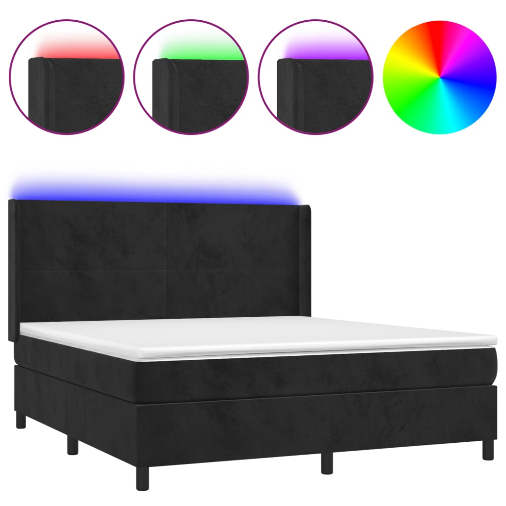 Letto a Molle con Materasso e LED Nero 160x200 cm in Velluto