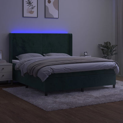 Letto a Molle con Materasso e LED Verde Scuro 160x200cm Velluto