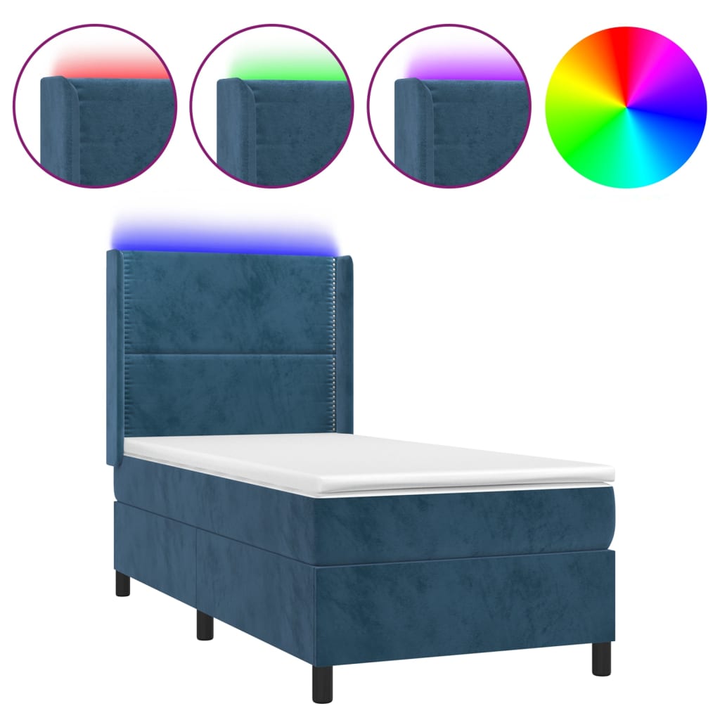 Letto a Molle con Materasso e LED Blu Scuro 80x200cm in Velluto | homemem39