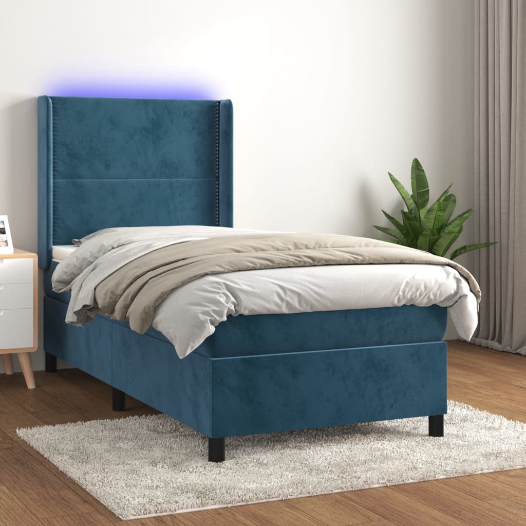 Letto a Molle con Materasso e LED Blu Scuro 80x200cm in Velluto | homemem39