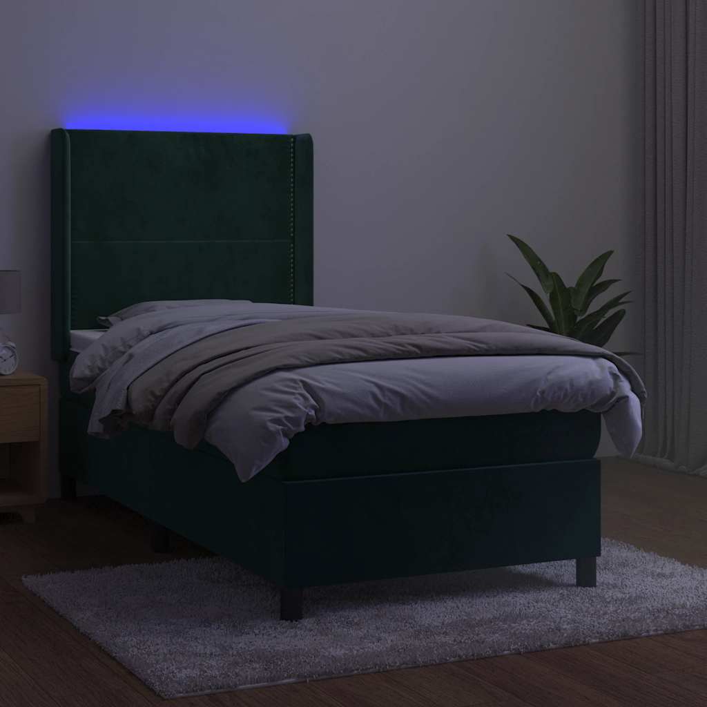 Letto a Molle con Materasso e LED Verde Scuro 100x200cm Velluto | homemem39