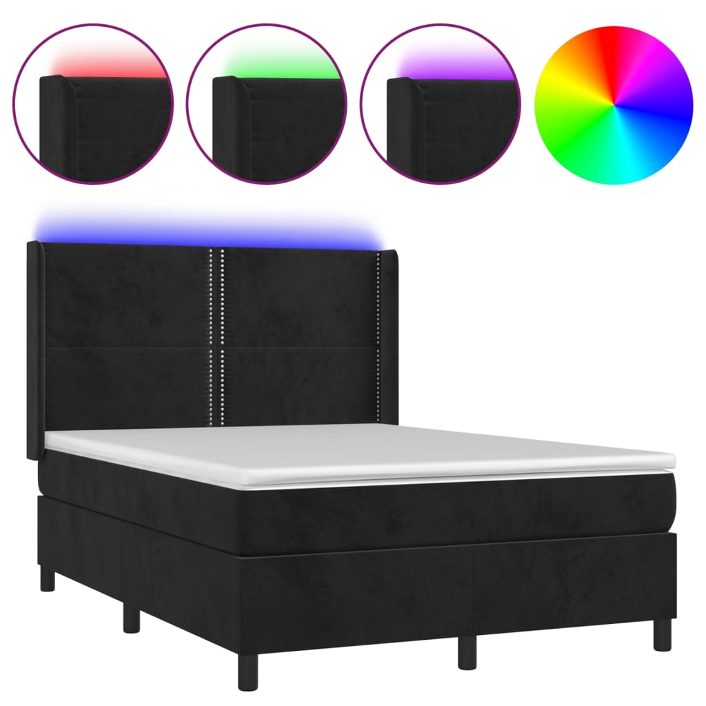Letto a Molle con Materasso e LED Nero 140x200 cm in Velluto | homemem39