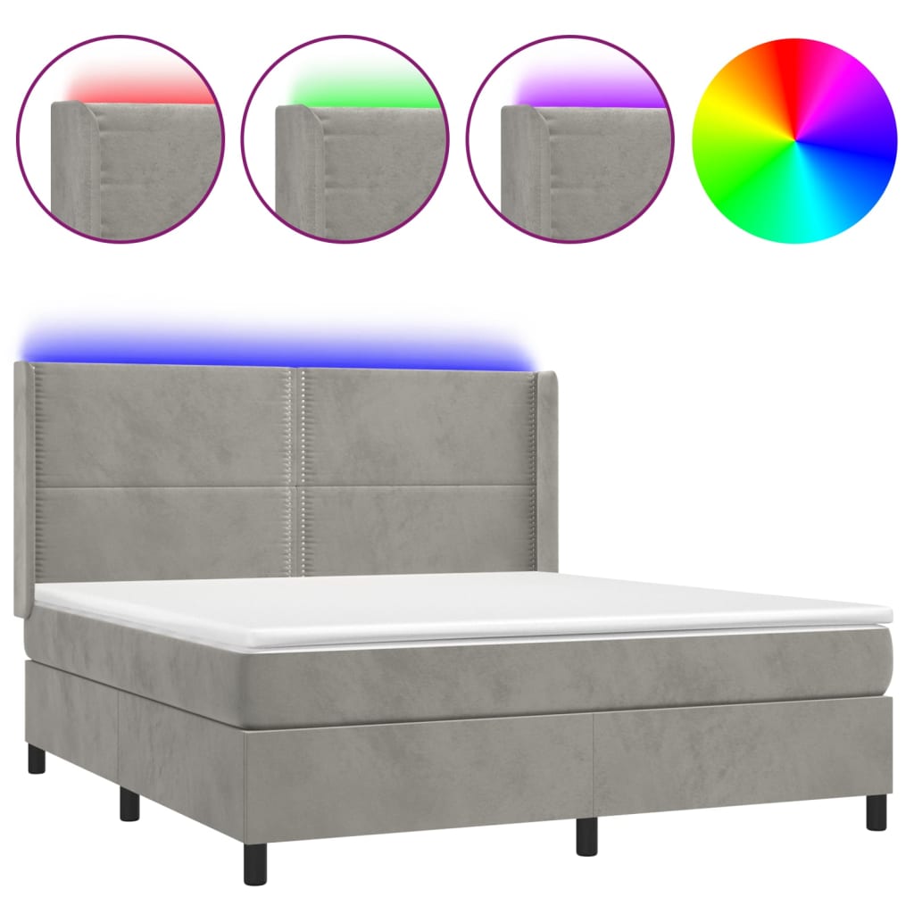 Letto a Molle Materasso e LED Grigio Chiaro 160x200 cm Velluto